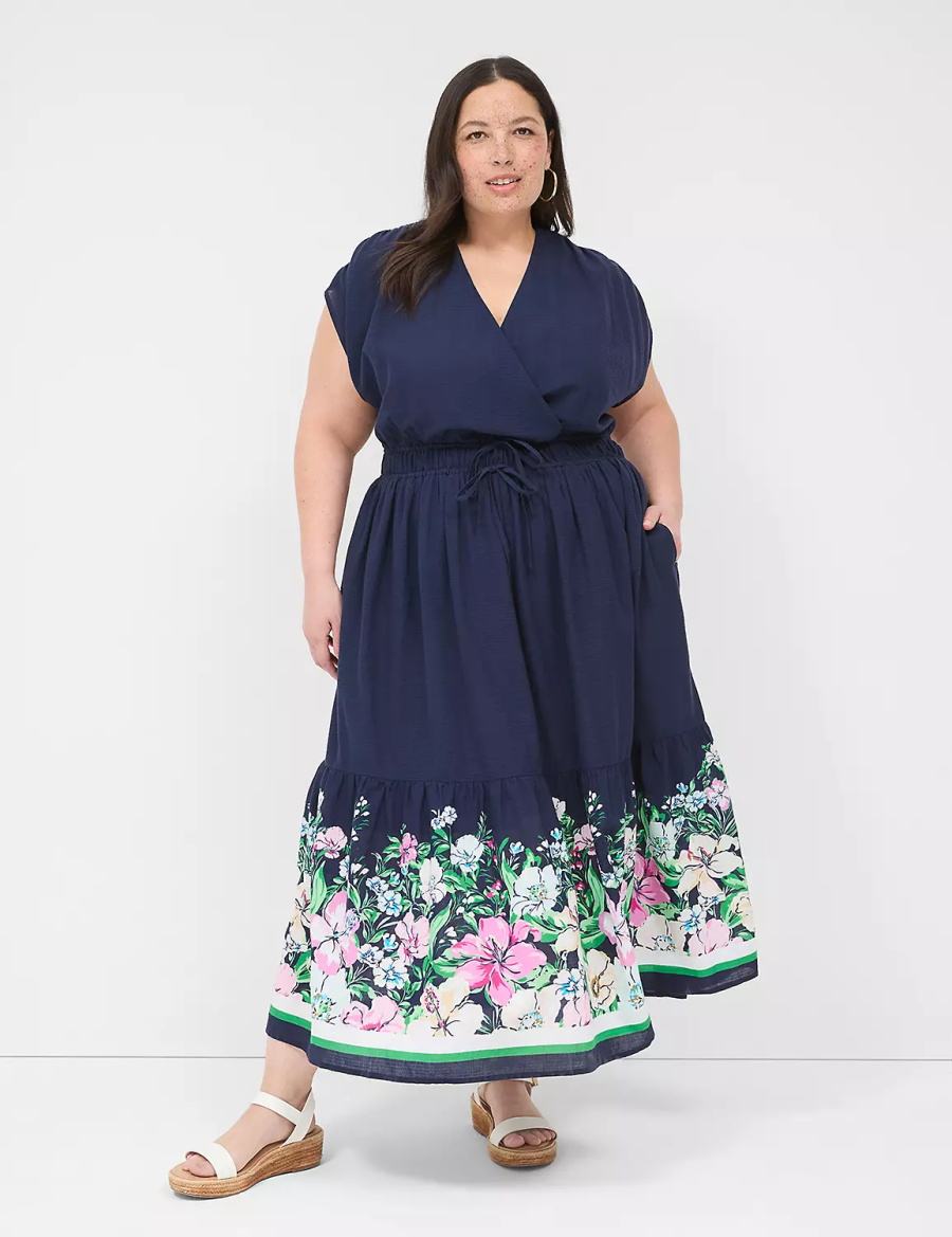 Lane Bryant Shirred-Shoulder Double-Waist Kadın Uzun Elbise Koyu Mavi | FVN1080SZ