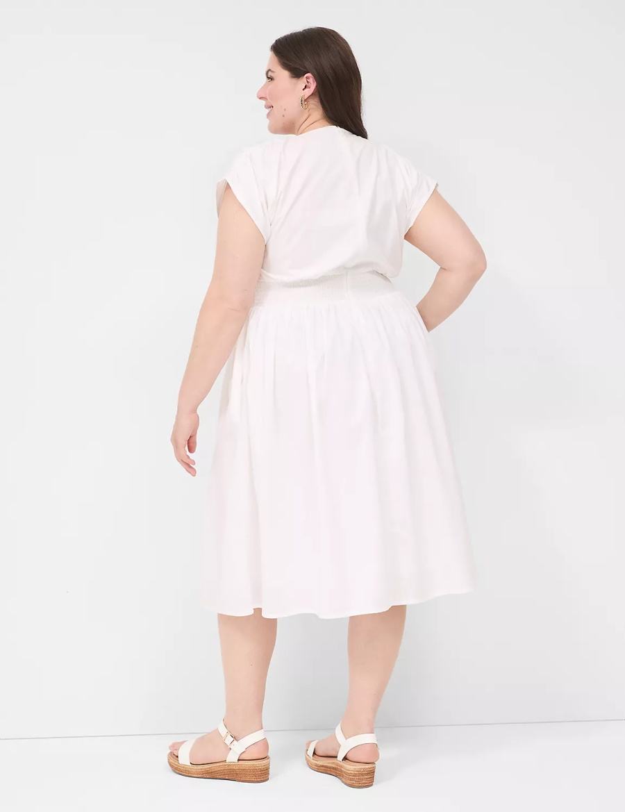 Lane Bryant Shirred-Shoulder Smocked-Waist Kadın Midi Elbise Beyaz | RNY4915LM