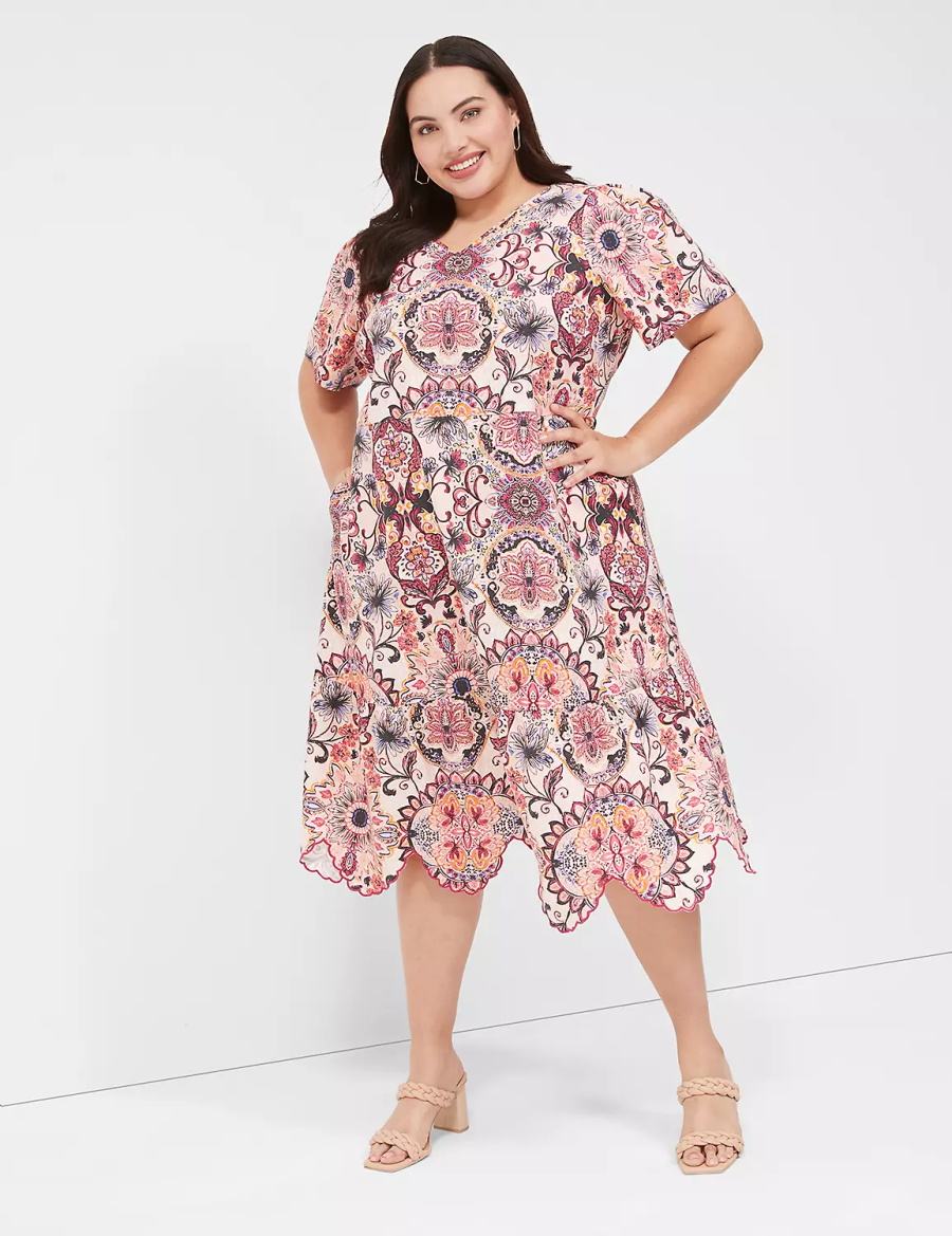 Lane Bryant Short-Sleeve Scallop-Hem Kadın Midi Elbise Renkli | MOF1040VH