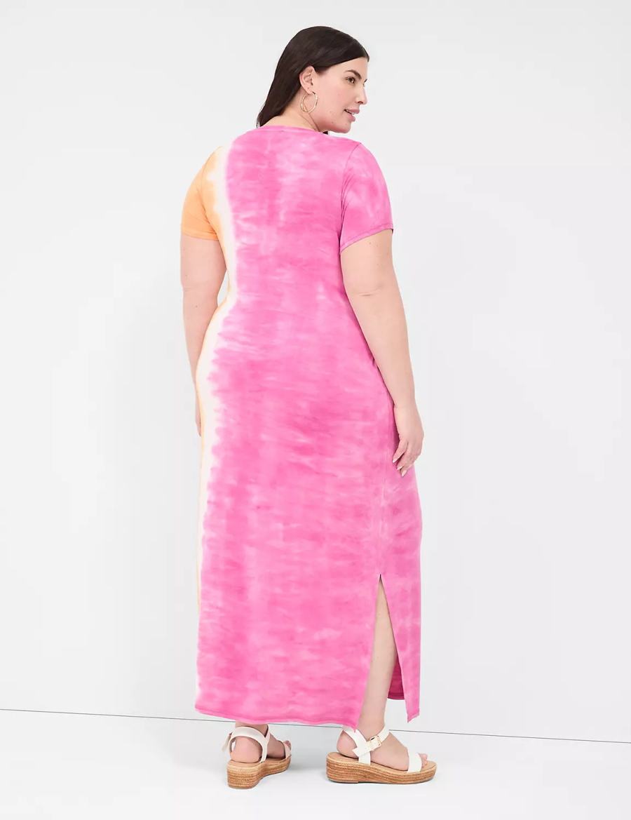 Lane Bryant Short-Sleeve Side-Slit Tie Dye Kadın Uzun Elbise Pembe Turuncu | VYX674SY