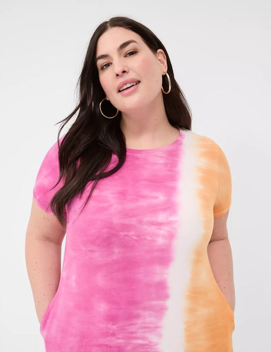 Lane Bryant Short-Sleeve Side-Slit Tie Dye Kadın Uzun Elbise Pembe Turuncu | VYX674SY