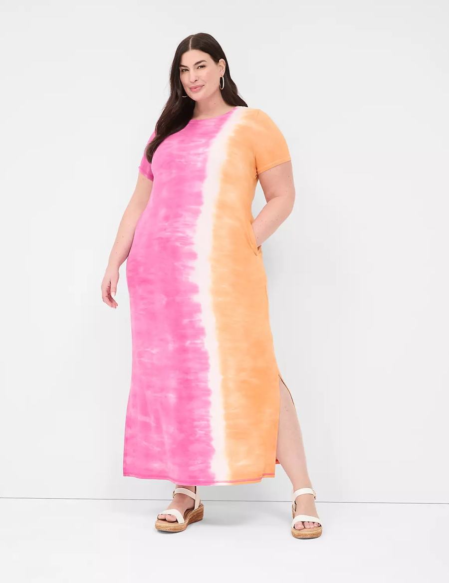 Lane Bryant Short-Sleeve Side-Slit Tie Dye Kadın Uzun Elbise Pembe Turuncu | VYX674SY