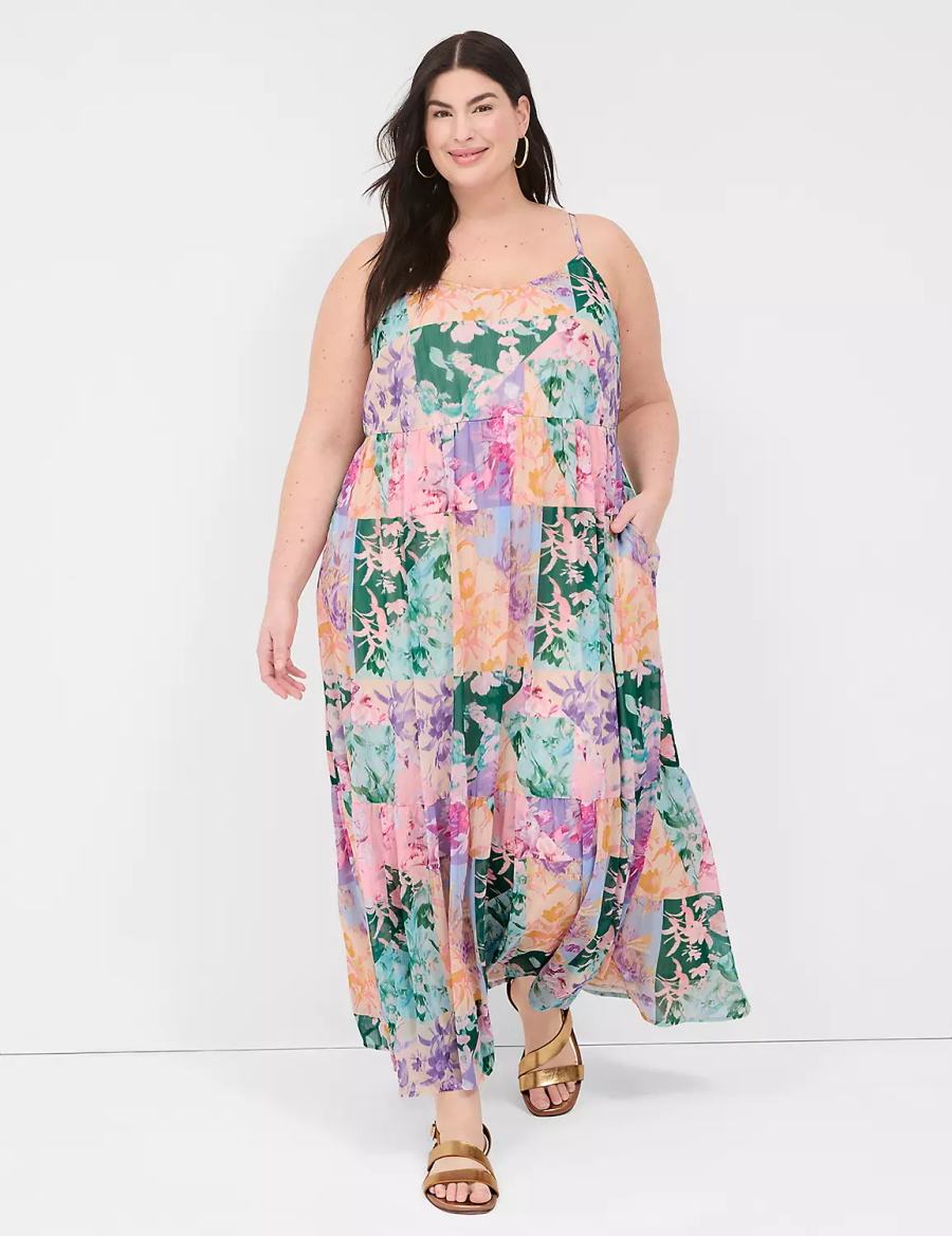 Lane Bryant Sleeveless V-Neck Tiered Kadın Uzun Elbise Renkli | LVN1225VB