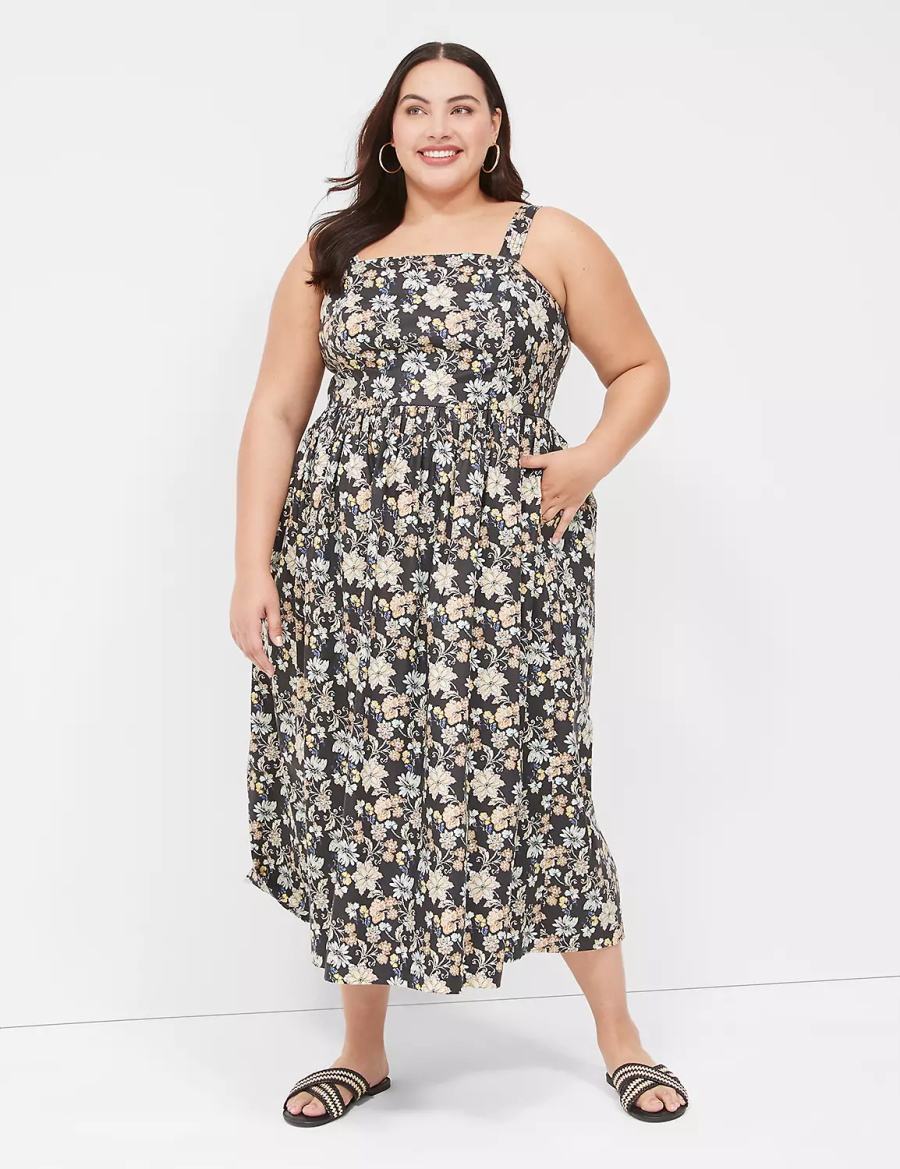 Lane Bryant Smocked-Back Pleated Kadın Midi Elbise Sarı Siyah | OFJ554IH