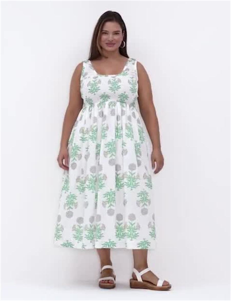 Lane Bryant Smocked-Bodice Kadın Midi Elbise Beyaz Yeşil | QMT9214ZL