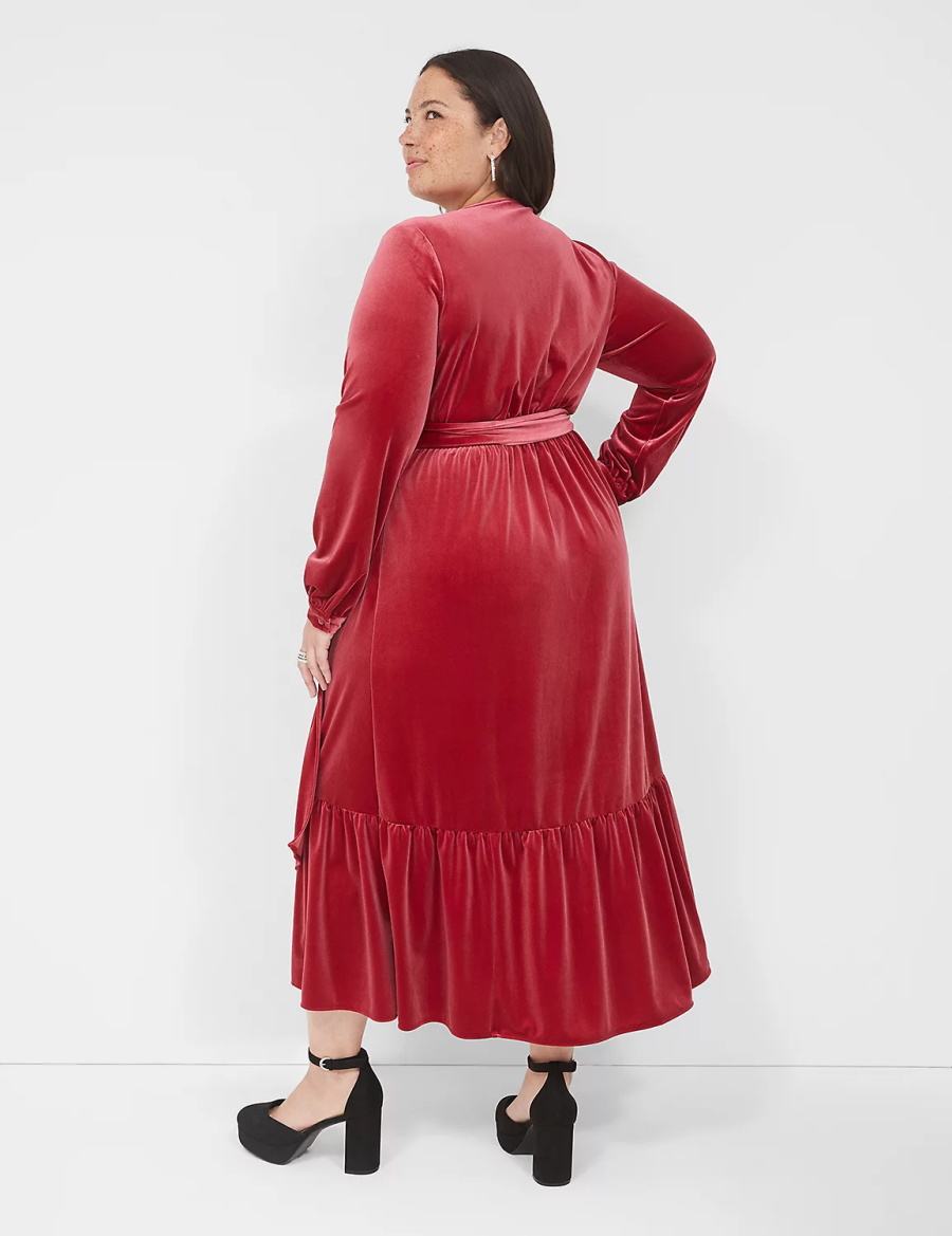 Lane Bryant Tiered Wrap Velvet Kadın Midi Elbise Koyu Kırmızı | HPH5715MS