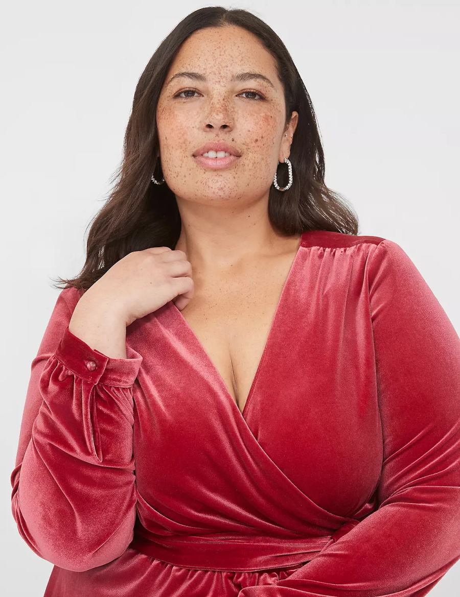 Lane Bryant Tiered Wrap Velvet Kadın Midi Elbise Koyu Kırmızı | HPH5715MS