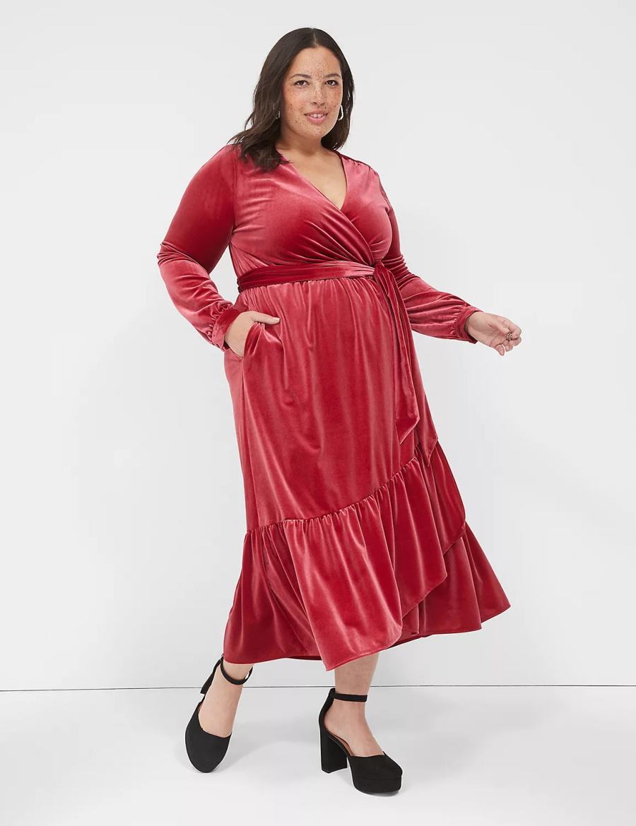 Lane Bryant Tiered Wrap Velvet Kadın Midi Elbise Koyu Kırmızı | HPH5715MS