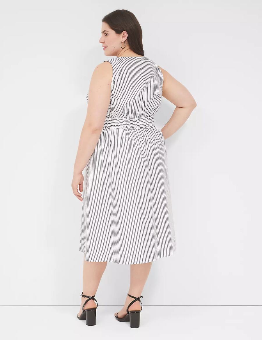 Lane Bryant V-Neck Elastic-Waist Kadın Midi Elbise Beyaz Siyah Çizgili | EBN6817CV