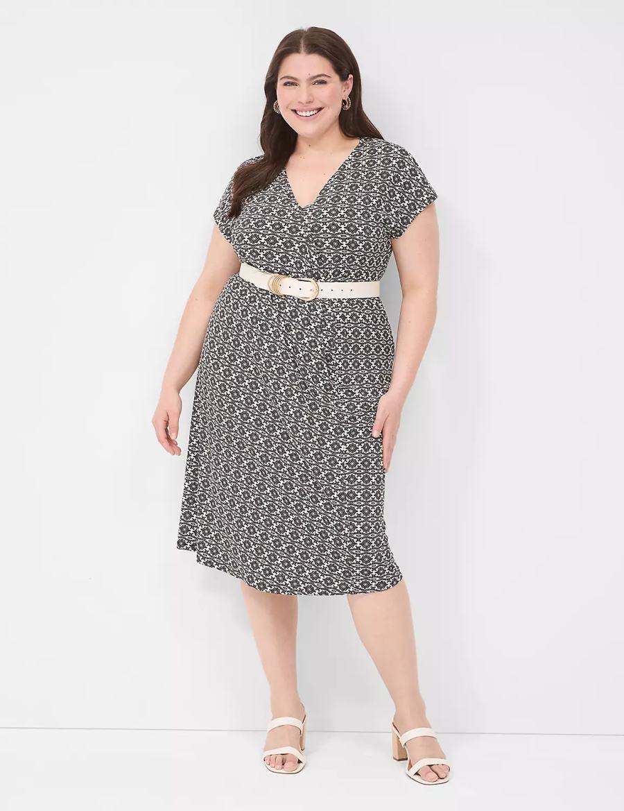 Lane Bryant V-Neck Pleat-Front Jersey Kadın Midi Elbise Siyah | MWT5127YR