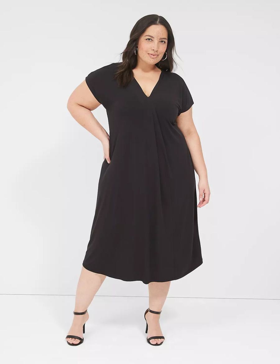 Lane Bryant V-Neck Pleat-Front Jersey Kadın Günlük Elbise Siyah | XGT2649IE