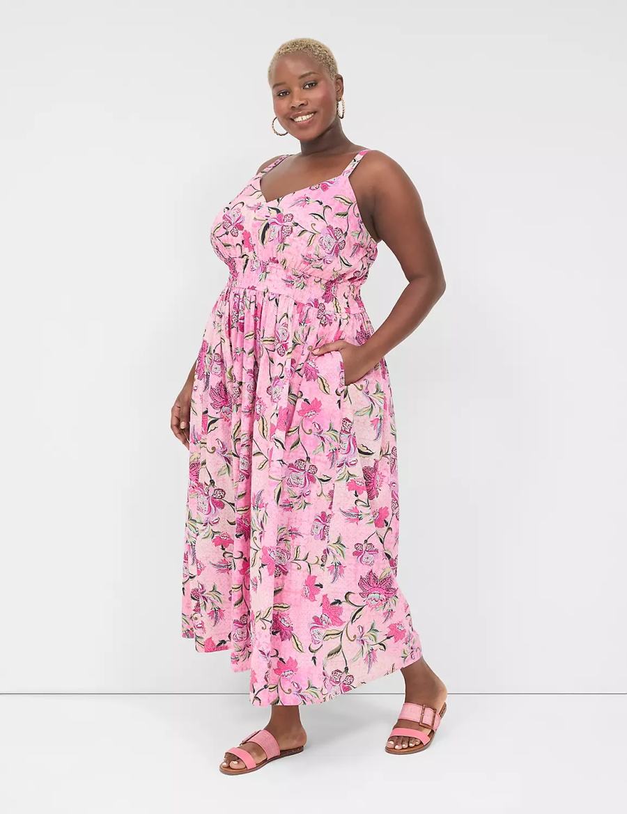 Lane Bryant V-Neck Ruched-Waist Kadın Uzun Elbise Pembe | RYW2019BG