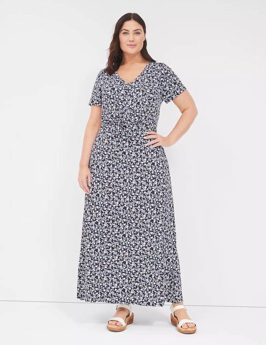 Lane Bryant V-Neck Waist-Knot Jersey Kadın Uzun Elbise Mavi Mor | XIC5589BQ