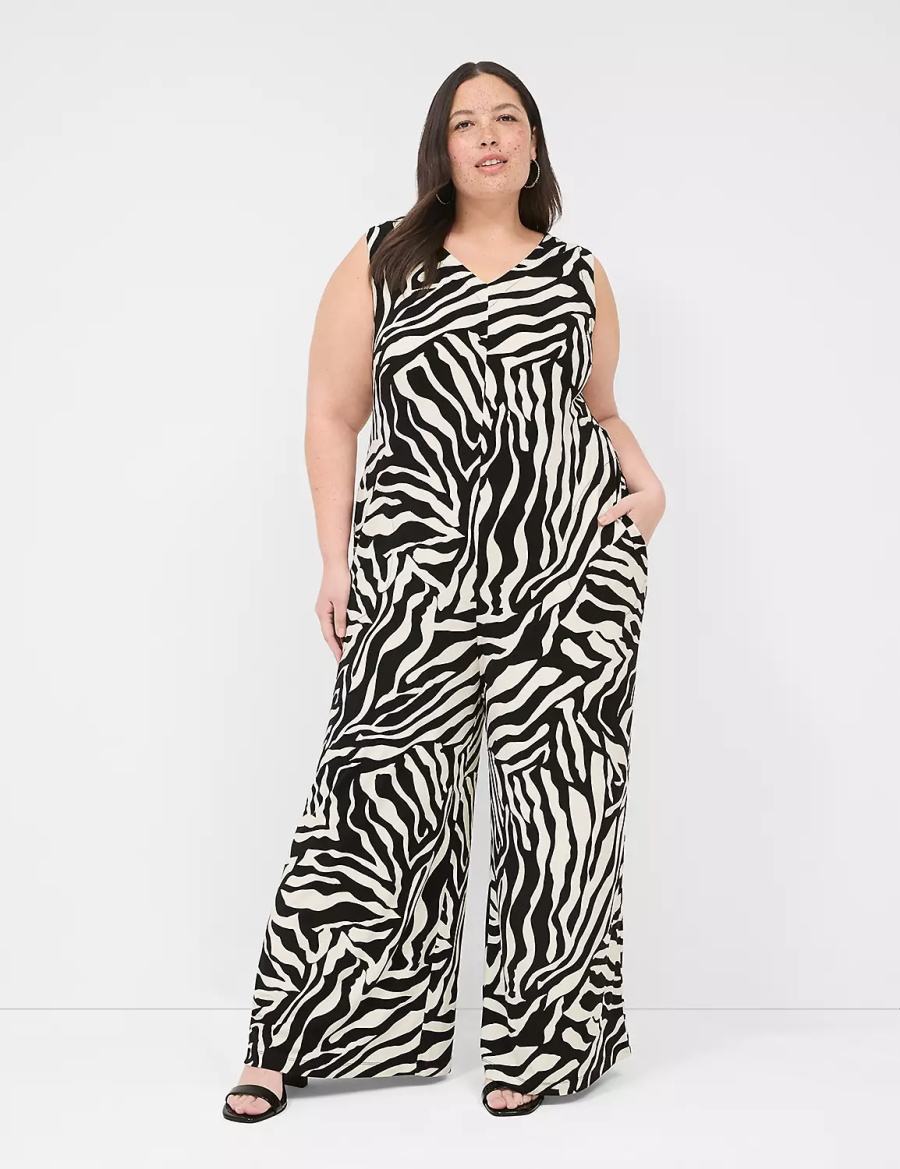 Lane Bryant V-Neck Wide Leg Jersey Kadın Tulum Beyaz Siyah | FGK2199AI